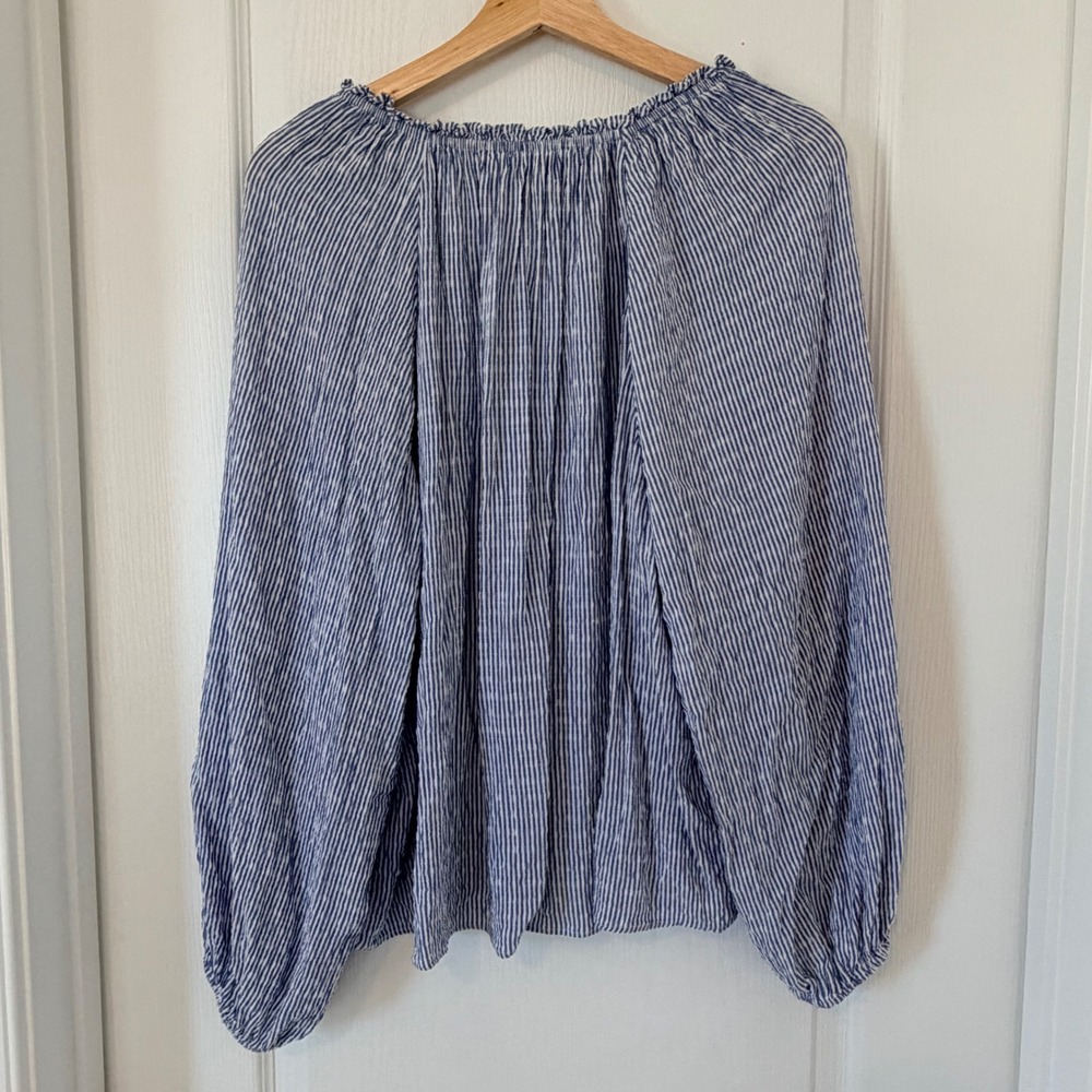 Old Navy Blue White Striped Ruffle V-Neck Balloon Sleeve Peasant Blouse XL Boho - Picture 2 of 6